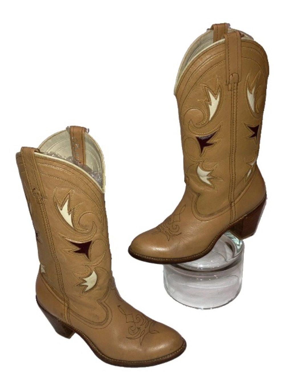 Vintage 1970s Dingo Acme Inlay Leaf Leather 8 Cowboy Western Boots Stacked Heel